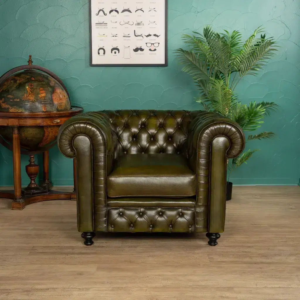 Fauteuil Chesterfield Churchill cuir de basane vert