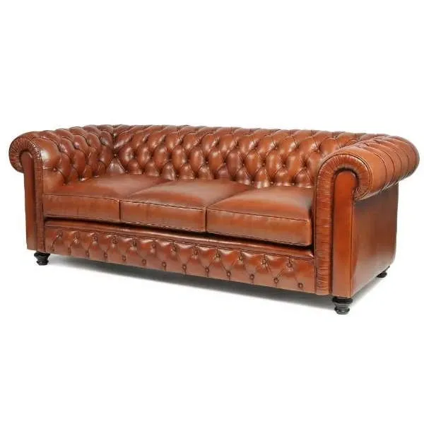 Canapé Chesterfield 3 places en cuir de basane couleur Havane