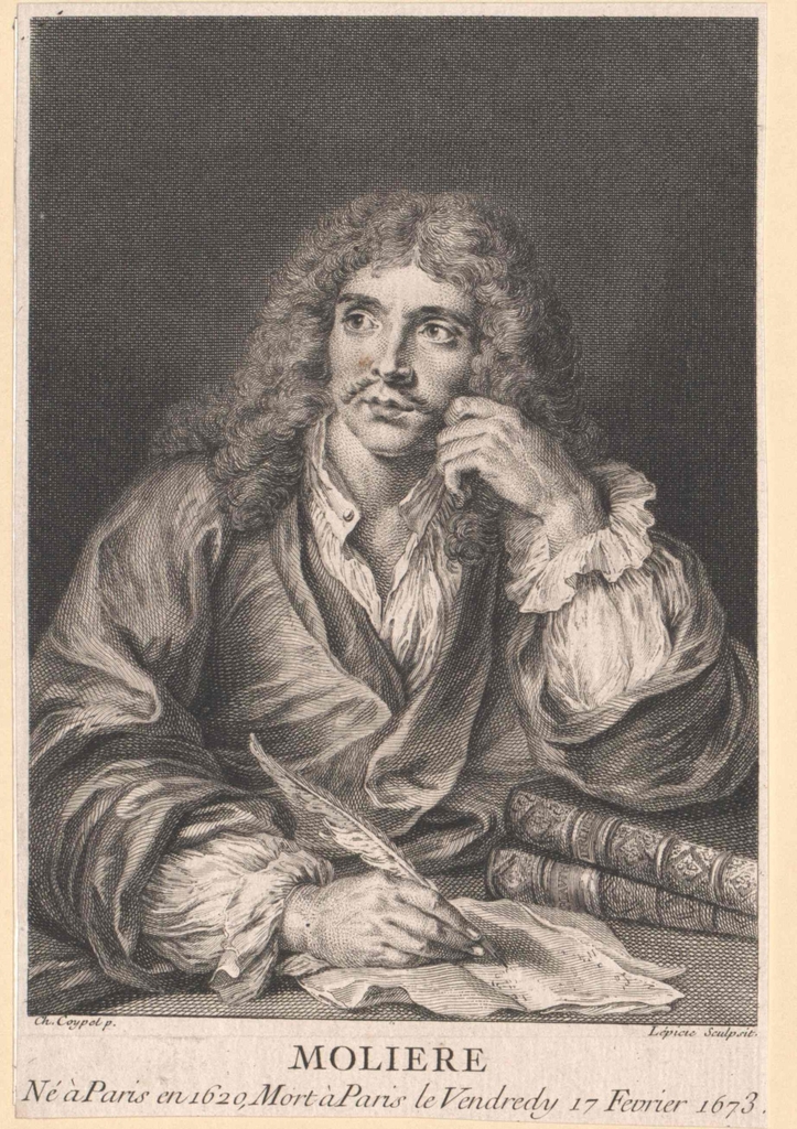 Lithographie en noir et blanc qui représente Molière en train d'écrire