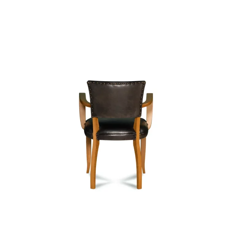 chaise club Bridge avec accoudoirs, cuir noir et chêne clair, vue de dos