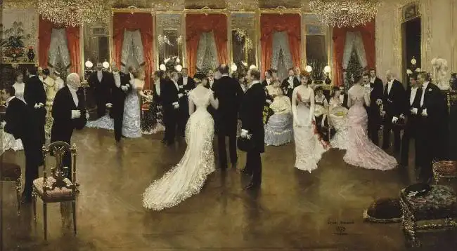 Peinture représentant une somptueuse soirée en costume de la belle époque