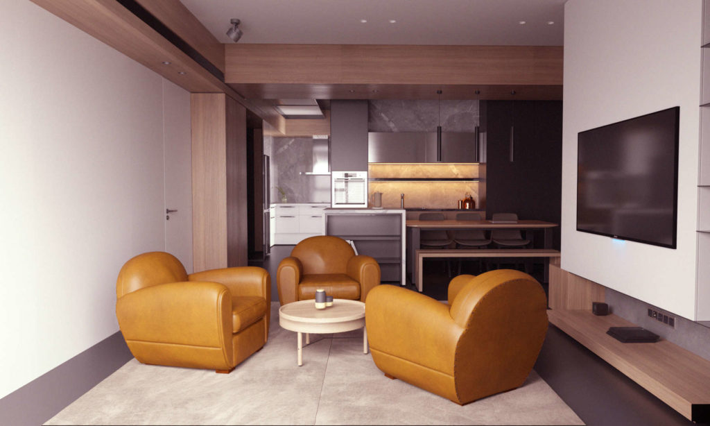 Trois fauteuils club en cuir de bsane miel dans un salon moderne 