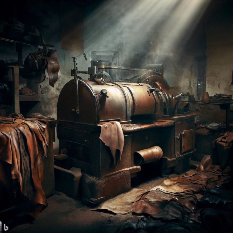 Atelier de tannerie à l'ancienne avec machine métallique et pièces de cuir éparpillées