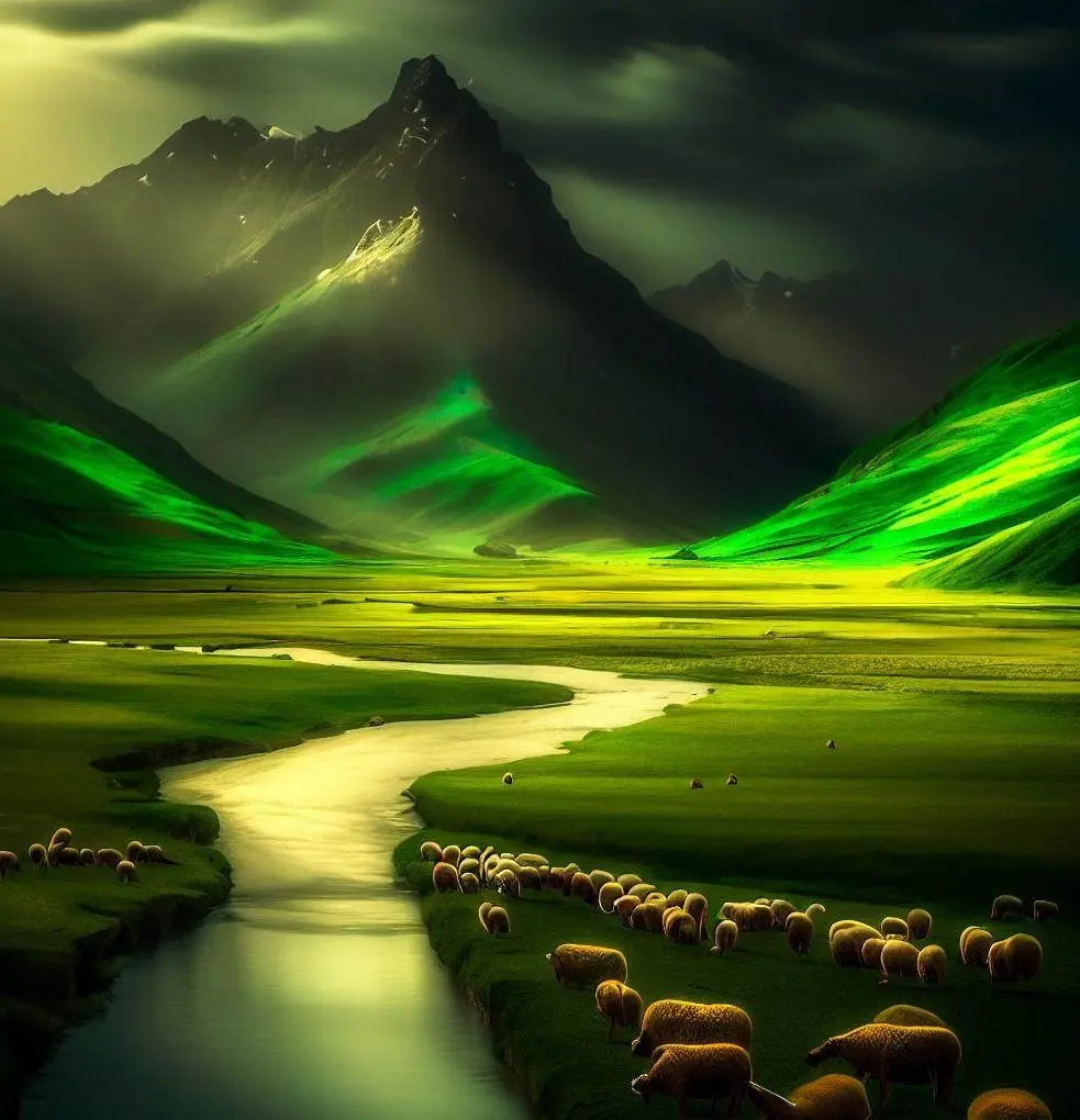 Peinture d'une prairie au bas d'une montagne qui surplombe au troupeau de moutons 