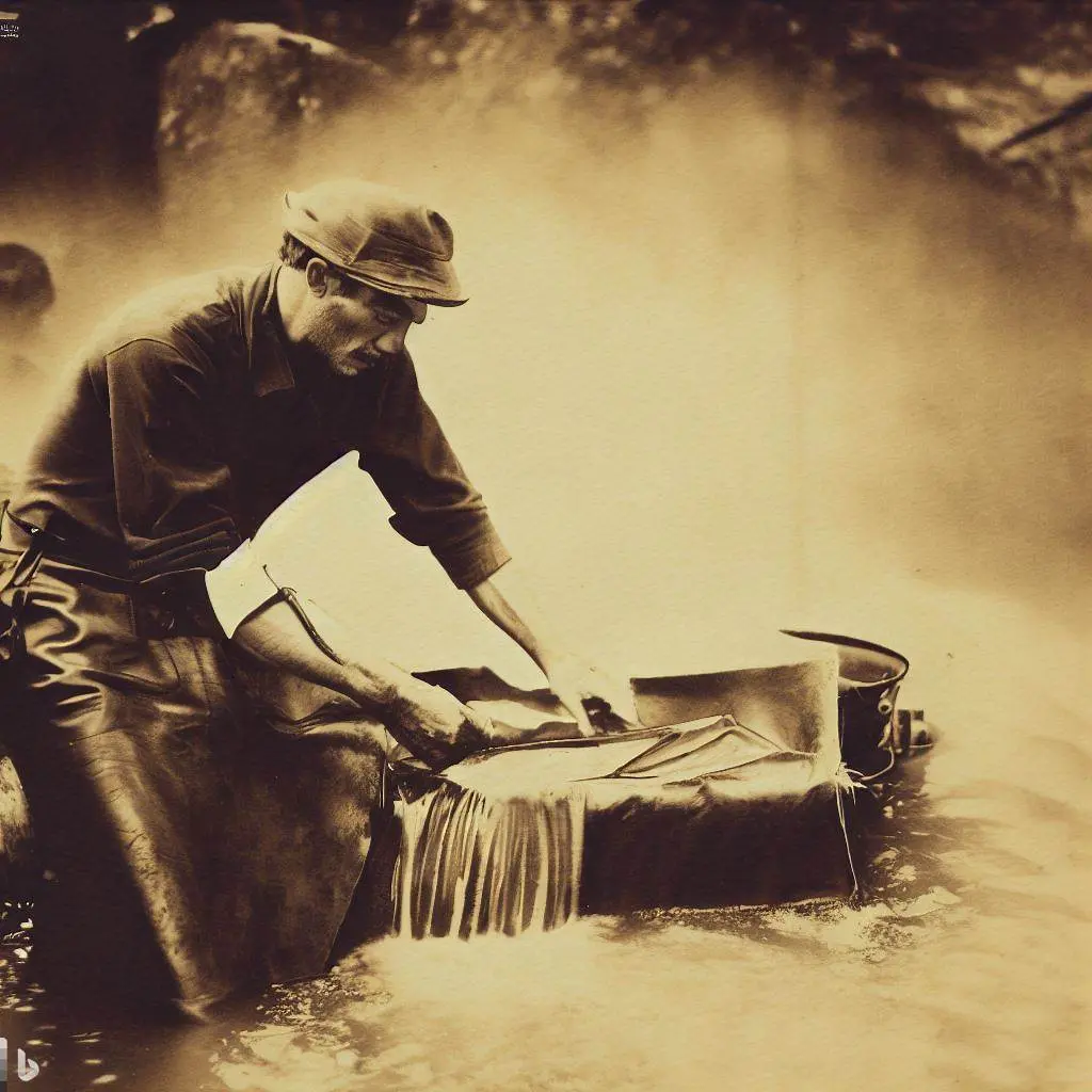 photo en noir et blanc d'un artisan tanneur travaillant une pièce de cuir dans une rivière 